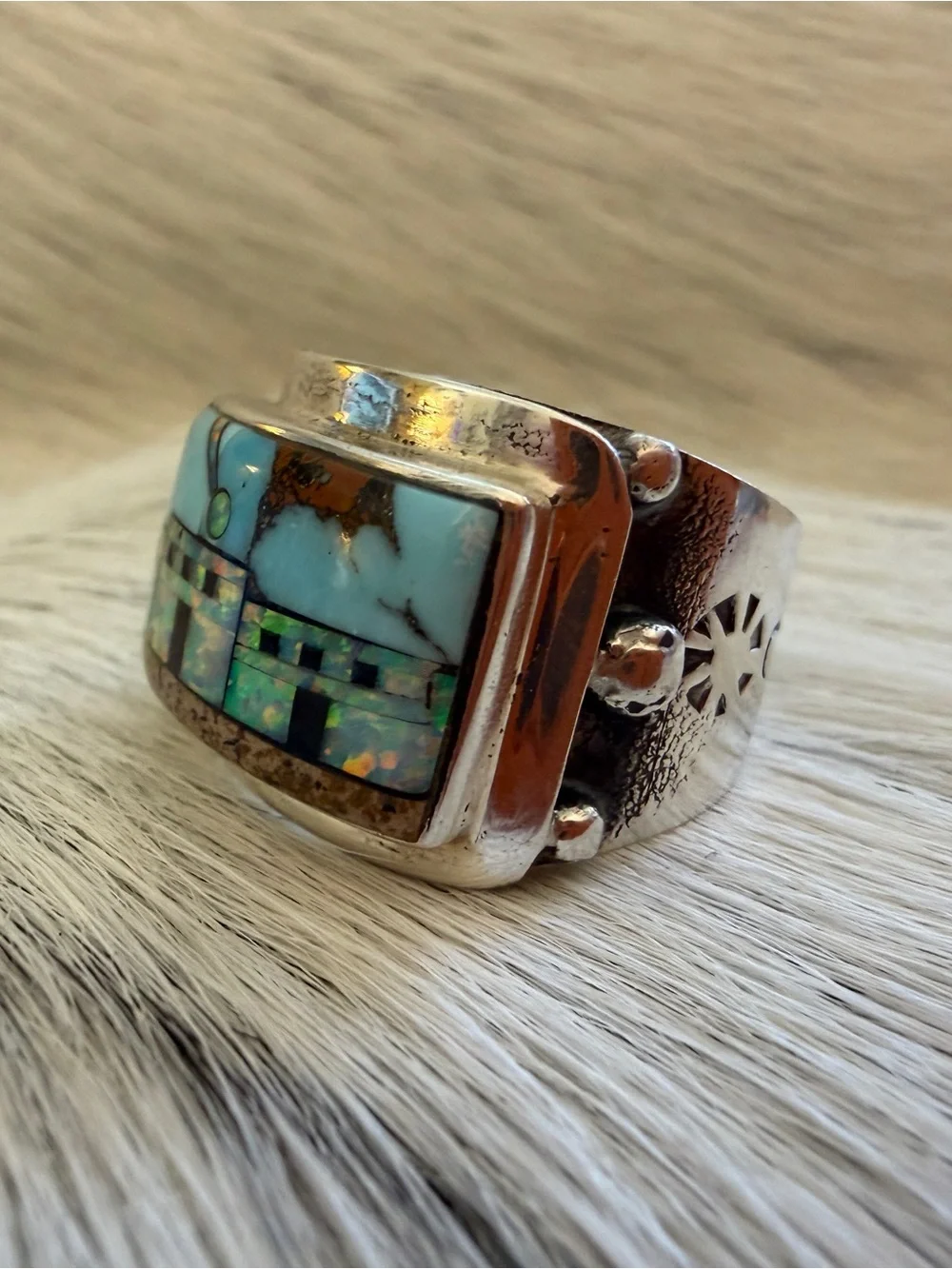 ❤️ Signed Galaxy Micro Inlaid Large Pueblo Scene Sterling Ring Sz 9 Unisex 8.7G - Picture 8 of 17